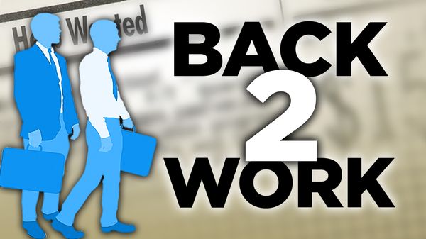 individuals with briefcases with text