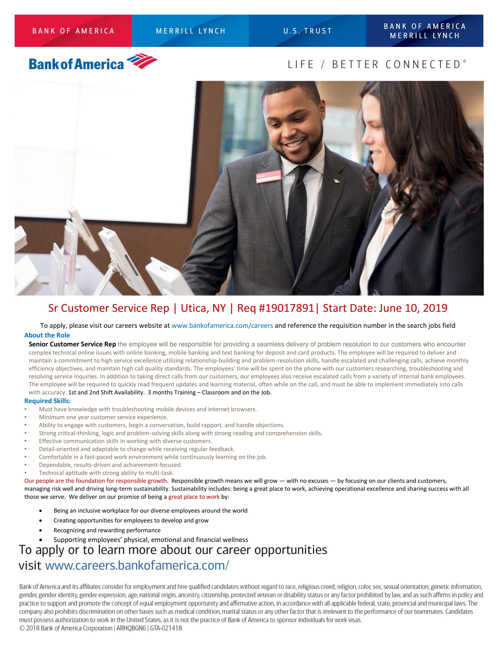 Bank Of America Senior Customer Service Rep | Working Solutions