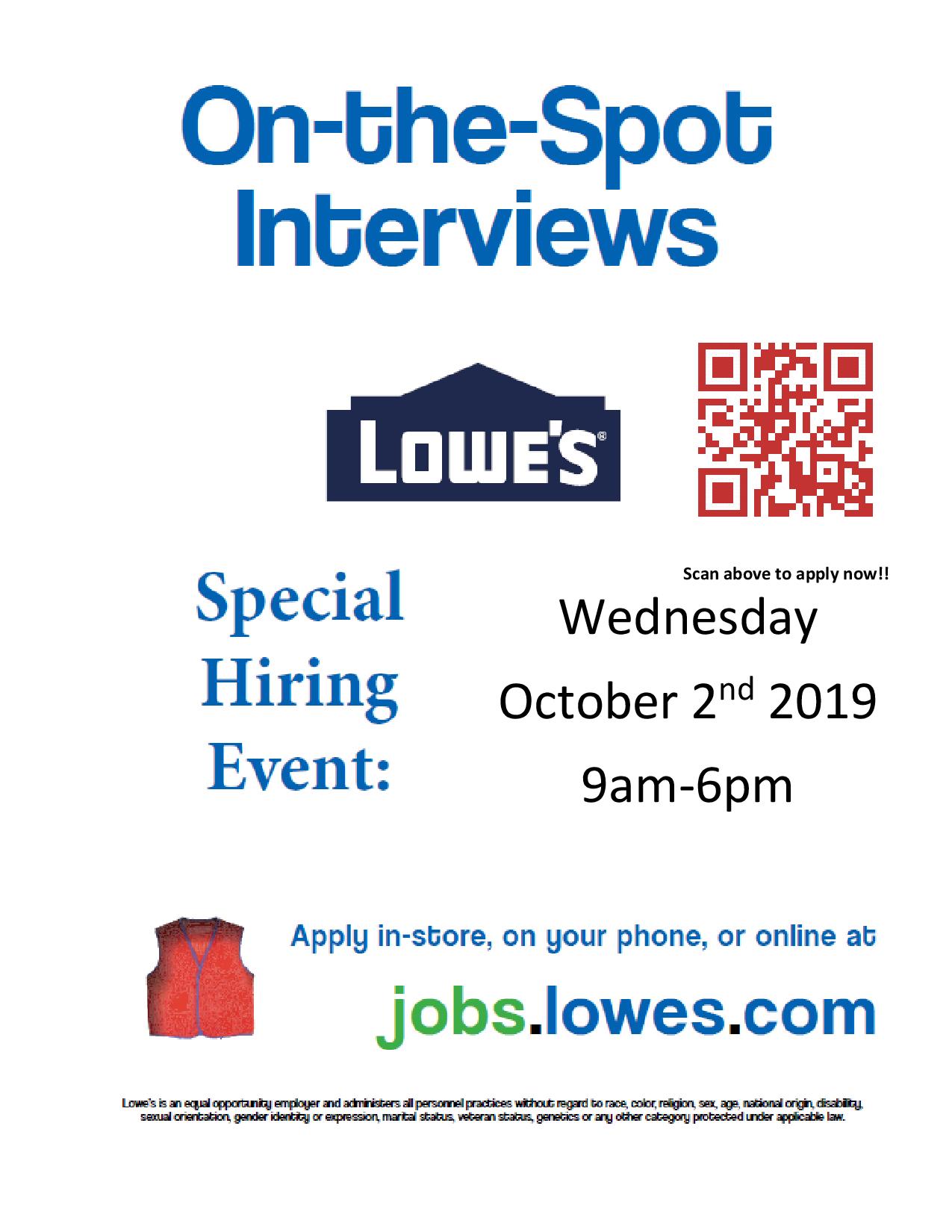 Lowes National Day Of Hiring Wednesday October 2nd Working Solutions